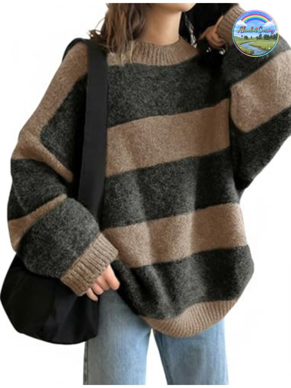 Women's Oversized Striped Sweater Long Sleeve Crewneck Knit Pullover Trendy